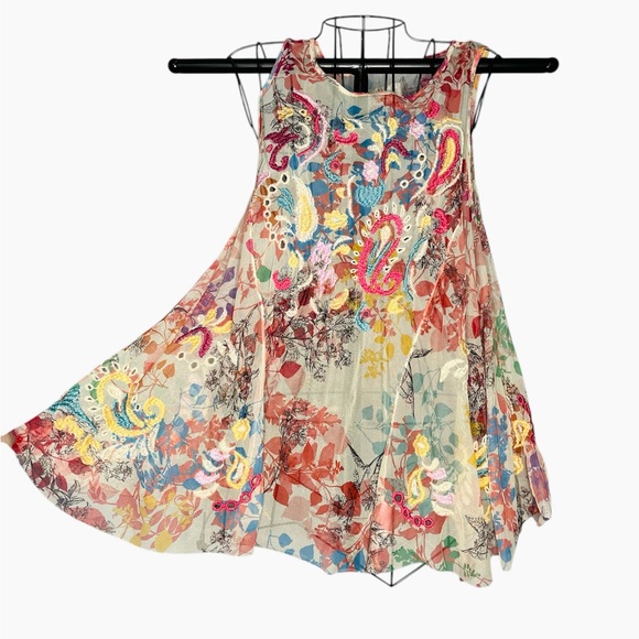 Johnny Was Tops - Johnny Was Mazzy Flared Floral Embroidered Sheer Mesh Tank Top XS No Slip